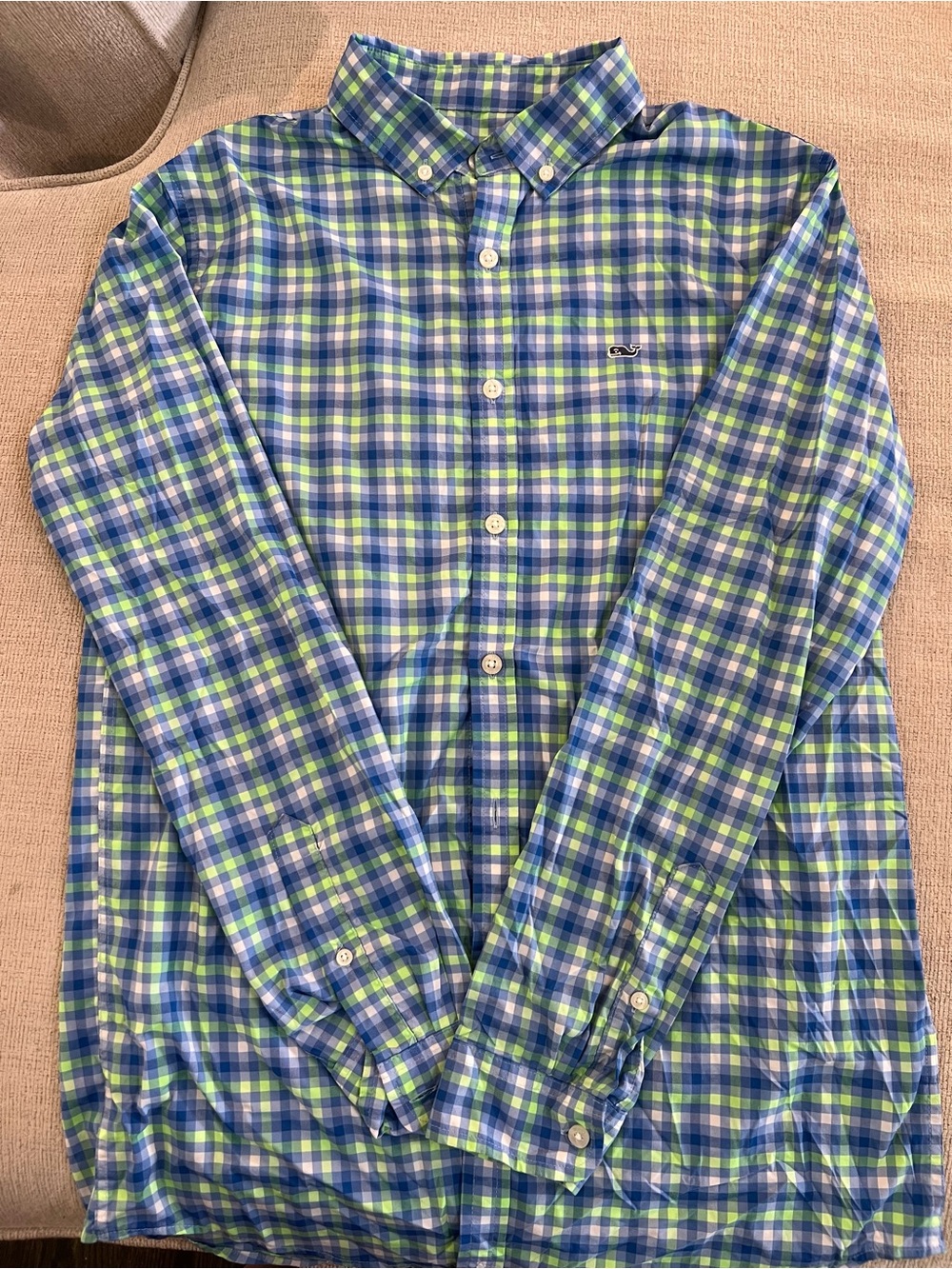 Vineyard Vines Boys XL (16) Blue & Green Plaid Performance Button-Down Shirt